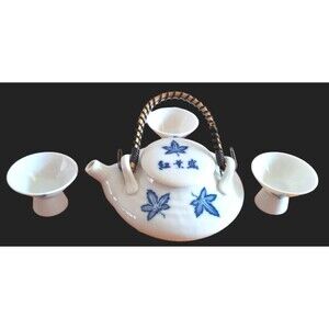 Vintage Japanese Teapot~Sake Set White With Blue Maple Leafs And 3 Sake Cups